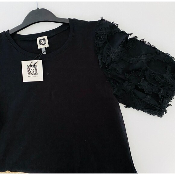 NWT ANNE KLEIN  Top Women's Size S Puff Sleeves‎ Crew Neck Black - Picture 1 of 11